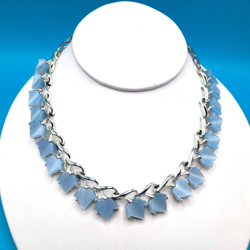 Vintage Blue Moonglow Leaves Choker Necklace, Silver Tone, 1950s Vintage Jewelry